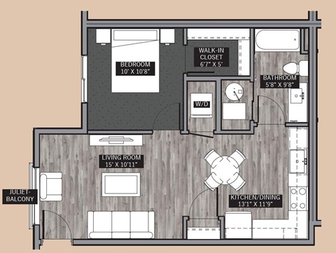 Floor plan for 1 bed, 1 bath, 622 sqft